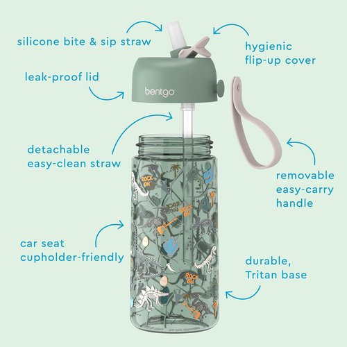 Bentgo Kids Water Bottle 2-Pack - Leak-Proof, Durable Tritan, BPA-Free 15 oz for Ages 3+ | Bite & Sip Spout, Dishwasher Safe (Dinosaur/Dino Fossils)