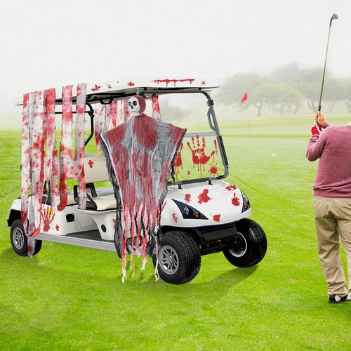 Halloween Golf Cart Decoration Kit Bloody Theme Include Blood Handprint Stickers, Blood-Stained Cloth Strip & Hanging Swing Ghost with Lights for Spool-tacular Rides