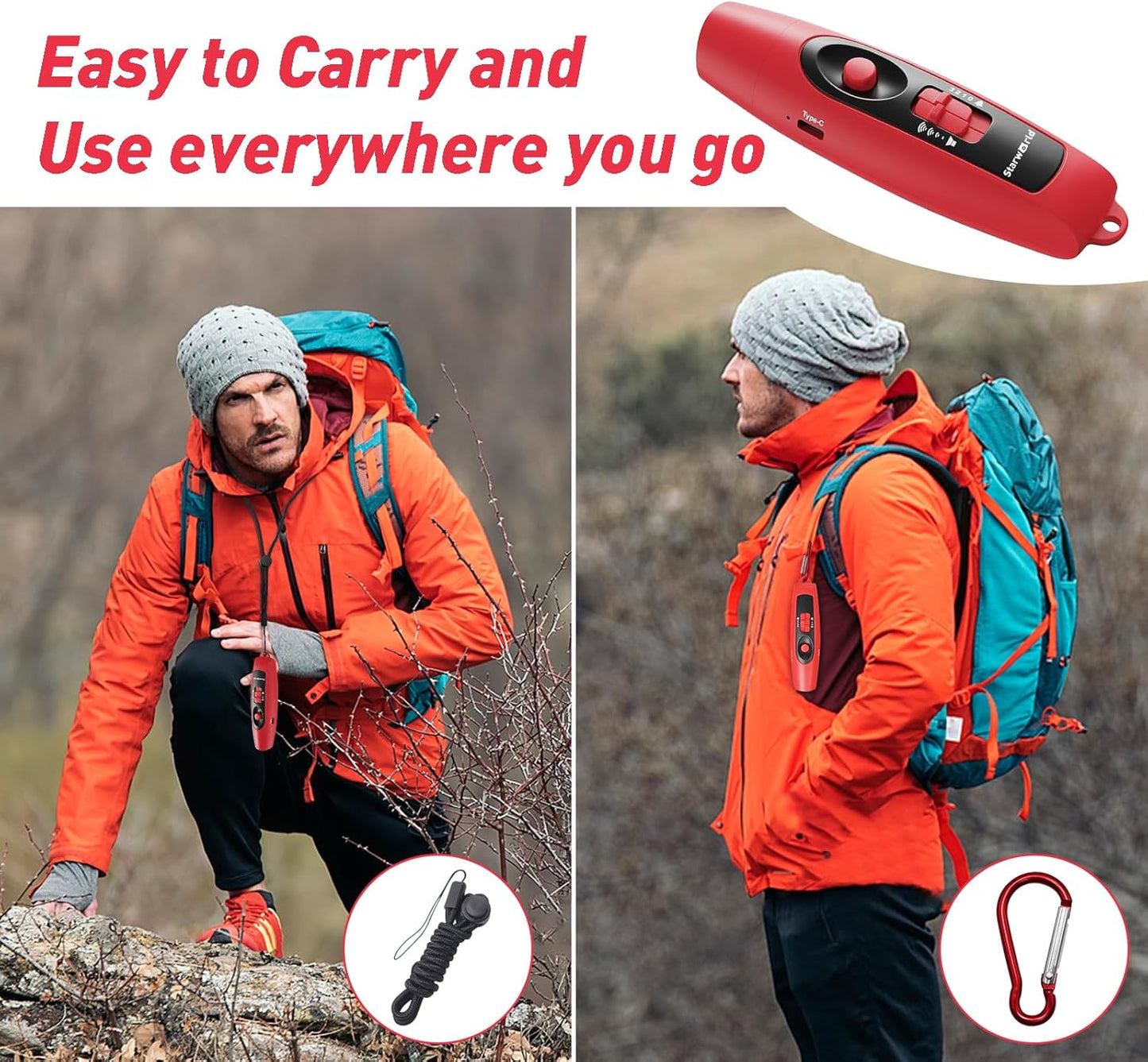 StarWorld Rechargeable Bear Horn - 120dB Electronic Air Horn with 4 Volume Levels & LED Light | Wildlife Defense (Red)