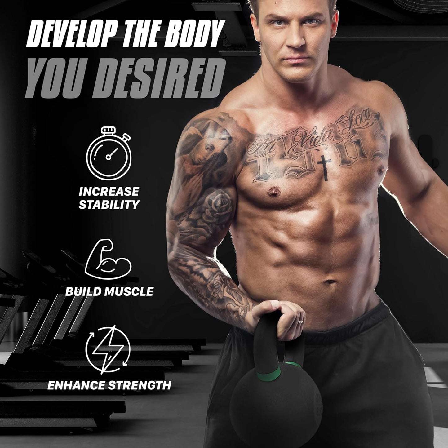 Yes4All Powder Coated Cast Iron Kettlebell Set - Durable Strength Training Weights for Full Body Workouts