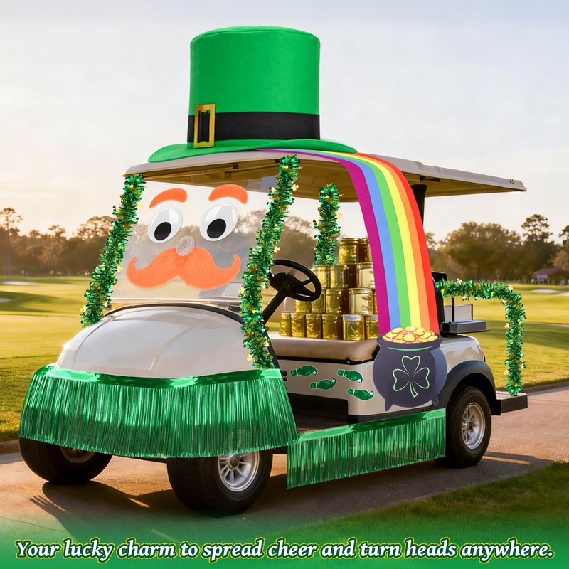 Tryly St. Patrick’s Day Golf Cart Decoration Kit, Giant Leprechaun Hat with Big Eyes & Beard, Rainbow Banner, Pot of Gold, Green Tinsel Curtain & Footprint Stickers for Irish Parade & Party Supplies