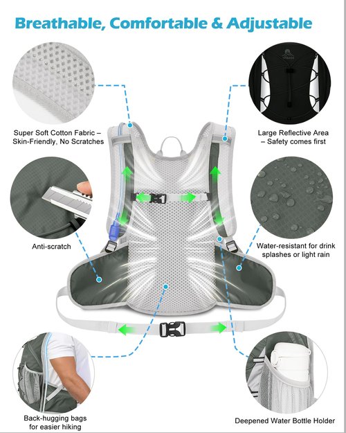 Hydration Backpack with 2L Water Bladder - Lightweight 15L Daypack with Phone-Sized Hip Belt Pockets, Anti-Chafe Cotton Edging & No-Bounce Straps - Small Water Backpack for Hiking, Running, Skiing