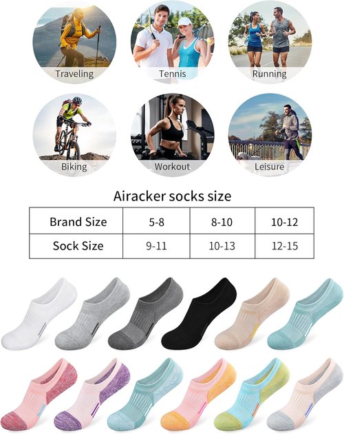 Airacker No Show Socks - Women's Athletic Cushioned Low Cut Running Ankle Socks | 6 Pairs
