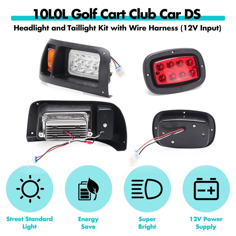 10L0L Golf Cart Headlight and Tail Light Kit for Club Car DS 1993 Up Gas & Electric,12 Volt Input Street Legal DS Light Kit