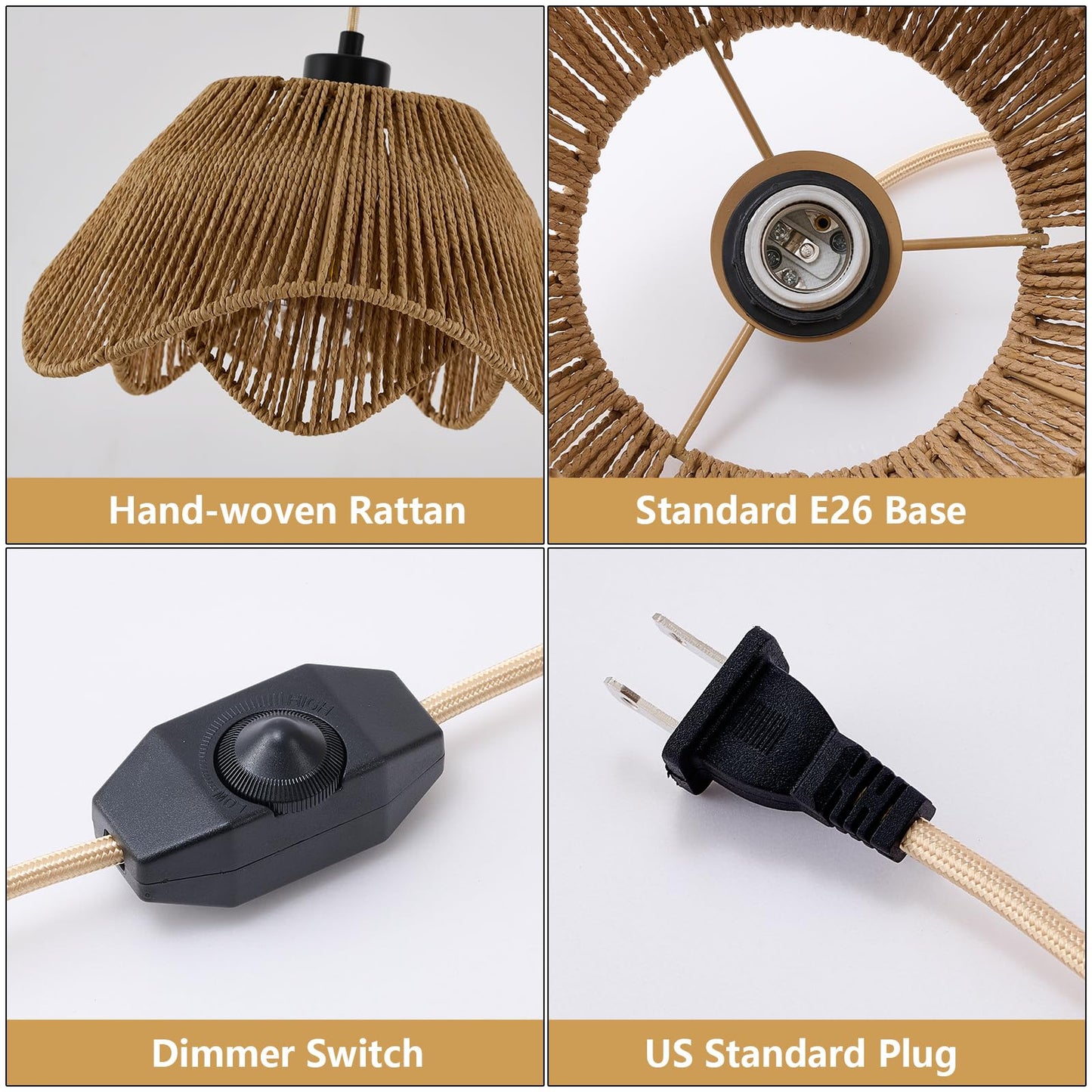 ZSDHXi Plug in Pendant Light, Boho Rattan Hanging Lights with Plug in Cord,Rustic Hand Woven Wicker Hanging Lamp with On/Off Switch, Adjustable Plug in Ceiling Light for Kitchen Bedroom Living Room