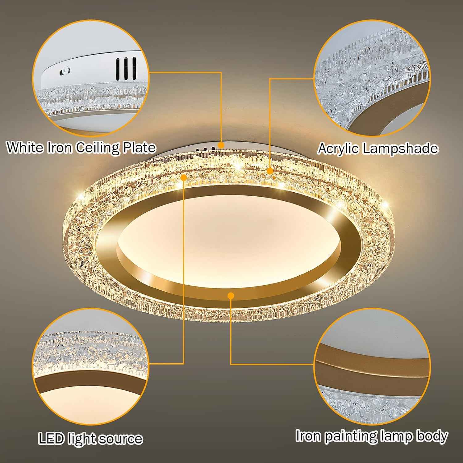 28W Gold LED Flush Mount Ceiling Light - 12" Modern Round Fixture for Bedroom, Kitchen, Bathroom