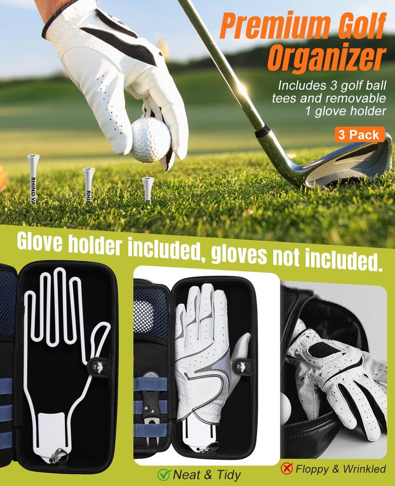 Rhino Valley Golf Glove Holder Case, Golf Accessories Organizer Bag with Glove Shaper for Phone, Gloves, Balls, Tees, Markers, Divot & Repair Tools, Gifts for Golfers Men Women, Black