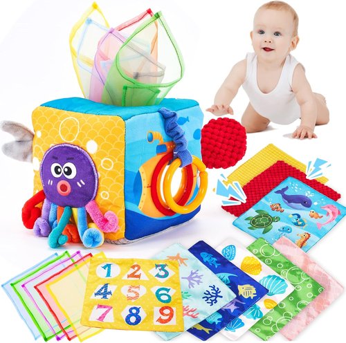 Hahaland Baby Tissue Box Toy - Montessori Sensory Toy for 6-12 Months | Textured Tails, Crinkle, Squeaky, Mirror