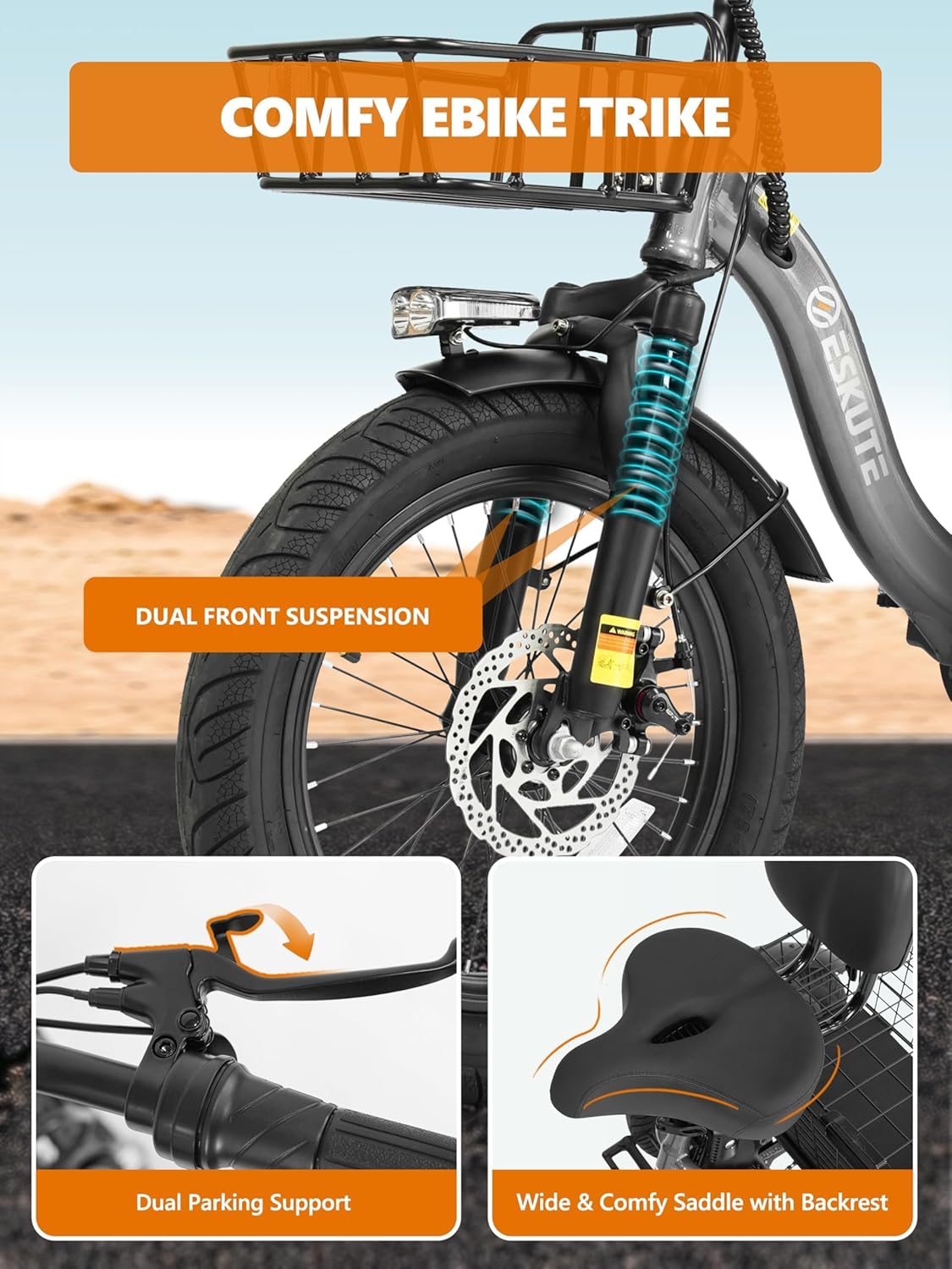 T300 Electric Trike Bike - 1200W Motor, 624Wh Battery, 18x3.0 Fat Tires | Foldable 3-Wheel E-Bike for Up to 65 Miles