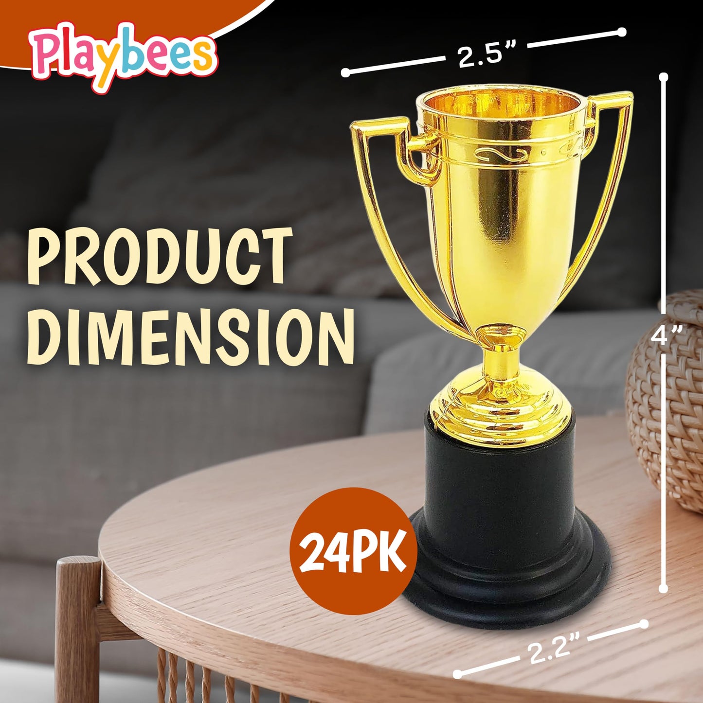 Playbees Plastic Golden Cup Trophy for Kids - 24 Pack - 4 Inch Achievement Prize Awards - Ideal Recognition for School, Sports, Office, Carnival Games - Party Favors, Decor, Props - Motivational