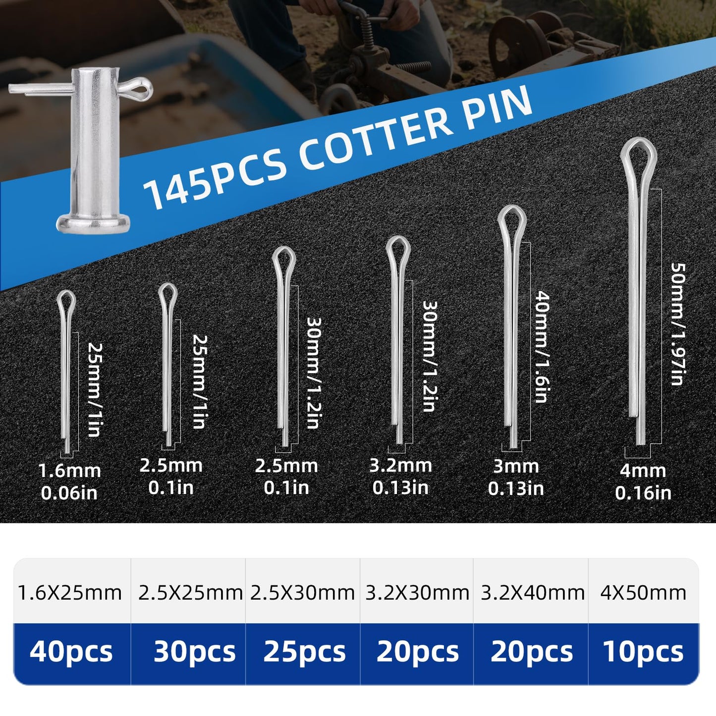 295 Piece Cotter Pin Kit, Stainless Steel 13 Sizes Spring Fasteners, R-Clip Hardware Pins, Straight Pins, Hitch Pins for Trailer Lockouts, Trailer Clips, Mowers, Trucks, Mechanic's Choice.