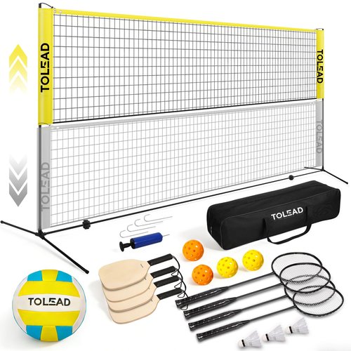 TOLEAD All-in-One Pickleball & Badminton Net Set, Portable Volleyball Net Set (17ft Wide x 3-5ft Height) for Backyard,Outdoor Sports Game Set w/Volleyball Pickleball Paddles & Badminton Rackets