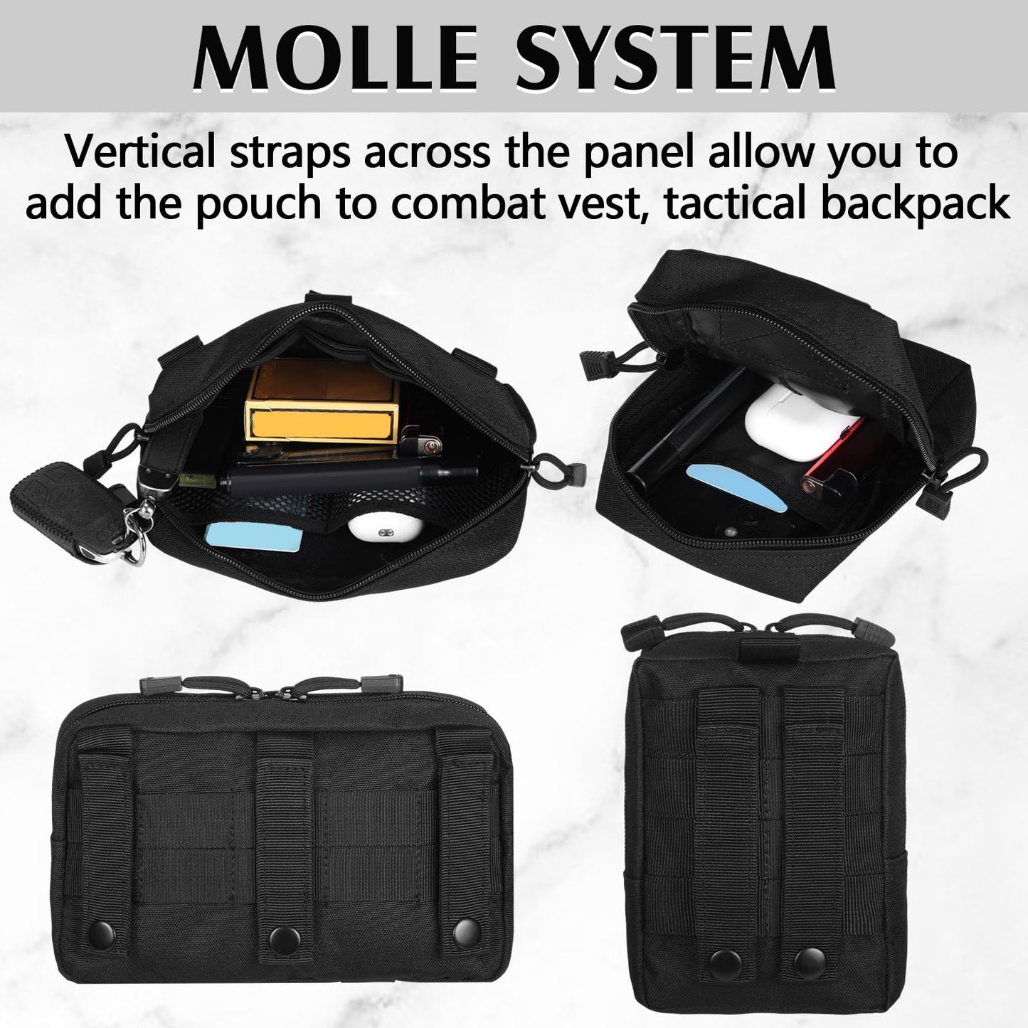 Sunnymove 4Pcs Tactical Molle Utility Pouch Molle Pouch EDC Tool Bags Tactical Compact Water-Resistant EDC Pouches for Man Include US Flag Patch and Keychain(Black)