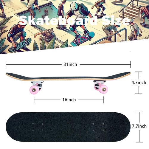 Skateboard,31 x 8 inch Complete Skateboards for Beginners,8 Layer Maple Concave Cruiser Trick Skate Board for Teens and Adults (Pink-JG)
