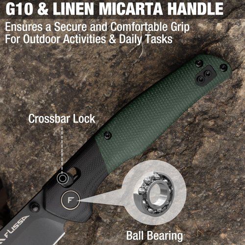 FLISSA Folding Pocket Knife, 3.4" 14C28N Steel Blade with G10 and Linen Micarta Handle, Crossbar Lock, Pocket Clip for EDC Outdoor Hiking, Camping, Gift for Men Women