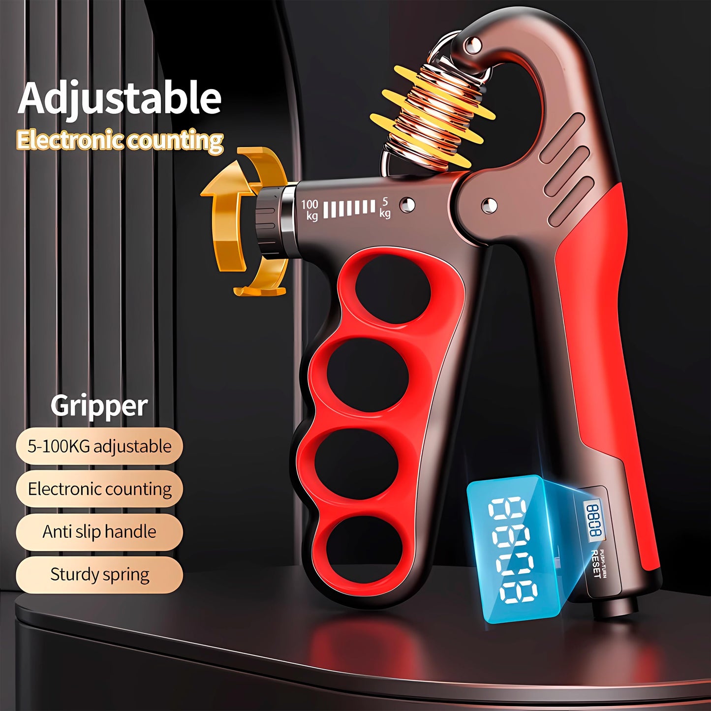 Grip strength trainer, adjustable hand grip strengthener, Durable Adjustable Resistance 5-100KG With Digital Counter, ergonomic design, high-strength spring, perfect hand (GRAY)