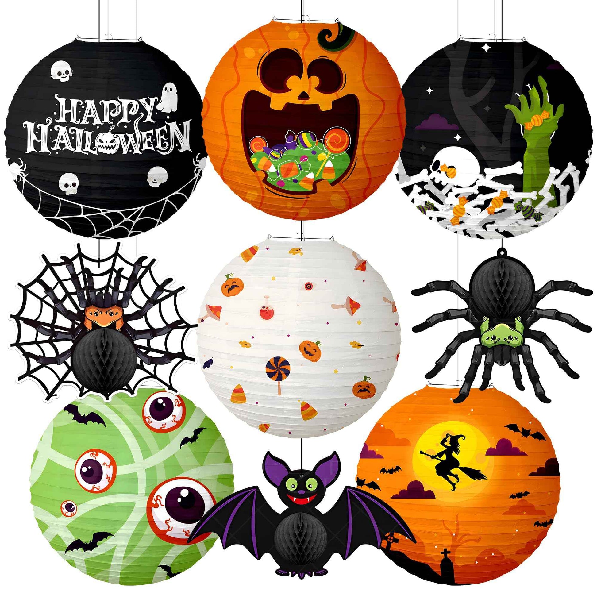 KatchOn, Halloween Paper Lanterns & Honeycomb Set – Pack 9 | Hanging Halloween Decorations Indoor, Outdoor | Spooky Hanging Decorations | Halloween Honeycomb for Halloween Party Decorations