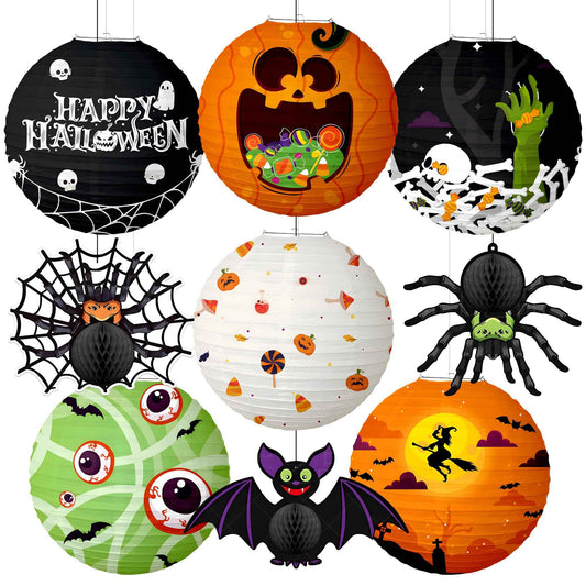KatchOn, Halloween Paper Lanterns & Honeycomb Set – Pack 9 | Hanging Halloween Decorations Indoor, Outdoor | Spooky Hanging Decorations | Halloween Honeycomb for Halloween Party Decorations