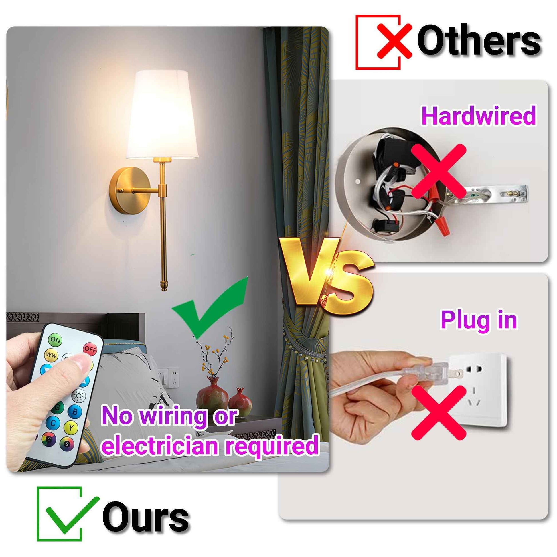 YHCDLAMP Battery Operated Wall Sconce Set of 2, Rechargeable Wall Sconce with 10000mAh Bulb and Remote, Up to 50 Hrs Use, RGB Dimmable Wireless Wall Lights for Living Room Bedroom Hallway