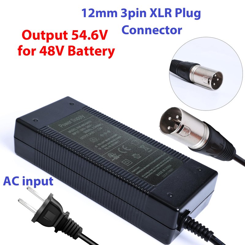 54.6V Fast Charger with XLR Plug - 13S 48V Lithium Battery Charger for Electric Bikes, Mobility Scooters