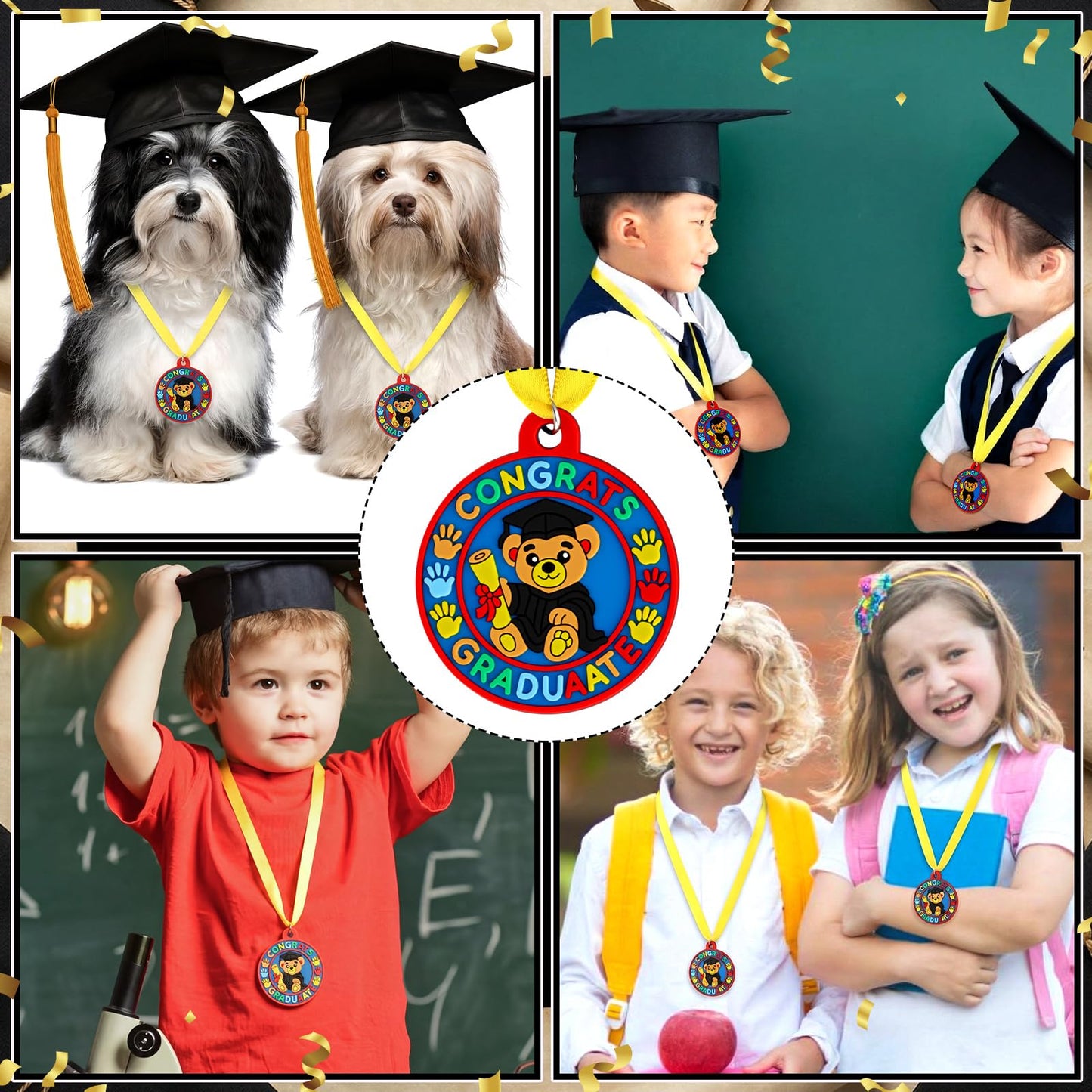 Sratte 24 Pcs Kindergarten Prek Preschool Graduation Medals for Kids, Bulk Kinder Pre-k Graduation Gifts with Yellow Ribbon, End of Year Student Gifts Party Favors Supplies, 2 Inch (Bear Graduate)