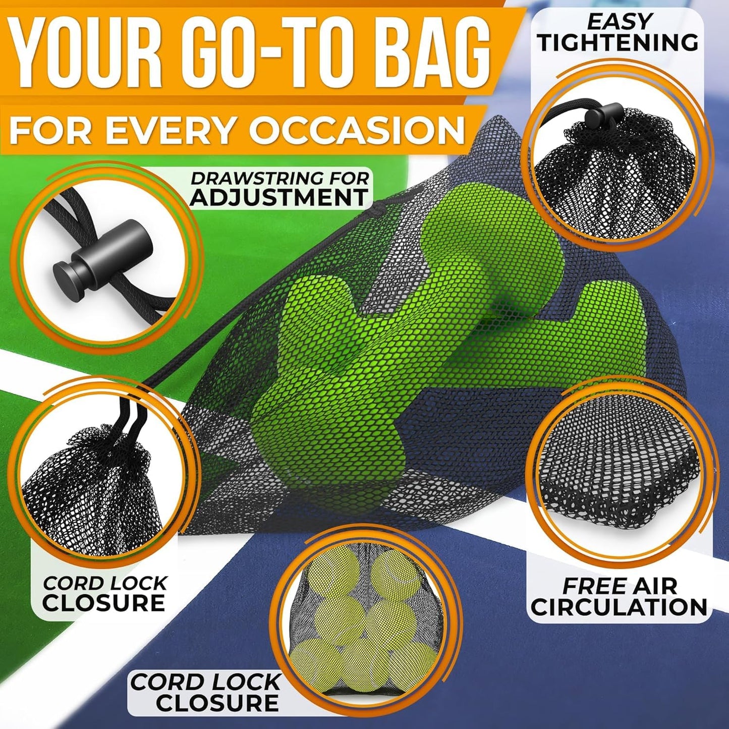 Jambala Mesh Drawstring Bags, 5 Pcs, 11 x 7 Inch - Nylon Net Bags for Swim Gear, Golf Balls, Tennis Balls, Gym Items, and Beach Essentials