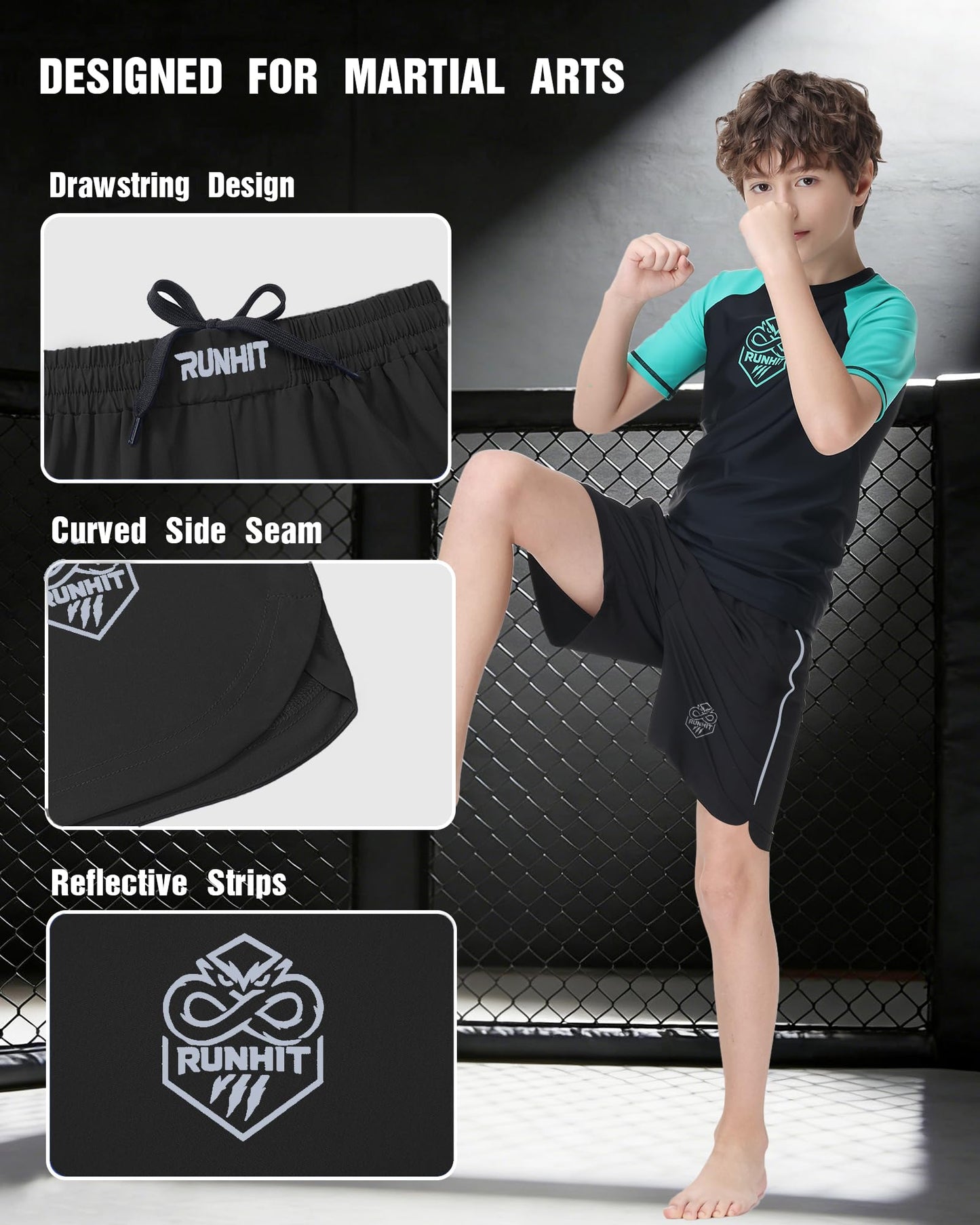 Runhit Kids Muay Thai MMA BJJ Shorts, Youth Boys Breathable No Gi Grappling Shorts for Wrestling Boxing, Jiu Jitsu, Training, Fight, Kickboxing Black M