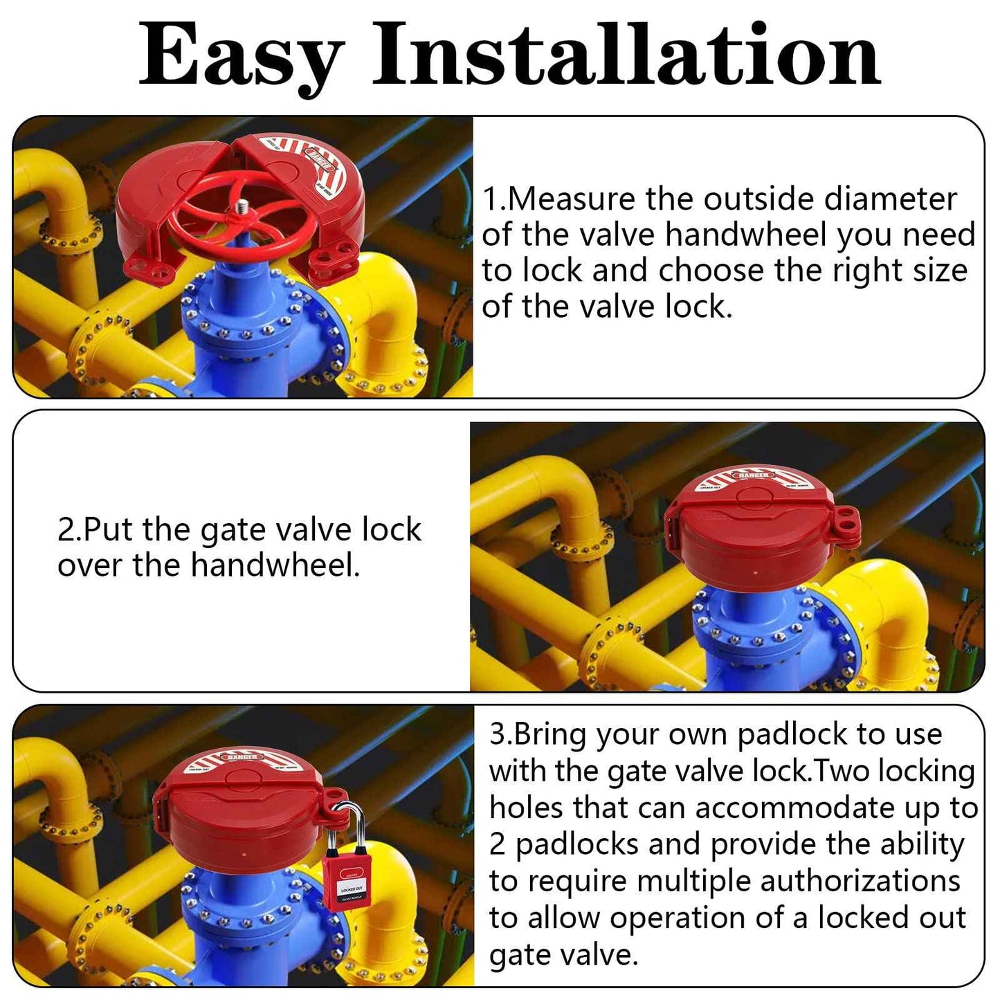 Foraineam 4 Pack Gate Valve Lockout Device, 2 Sizes Assorted for 1-2.5 Inch and 2.5-5 Inch Diameter Valve Handles, Outdoor Water Faucet Knob Lock, Propane Tank Lock, Gas Valve Lock