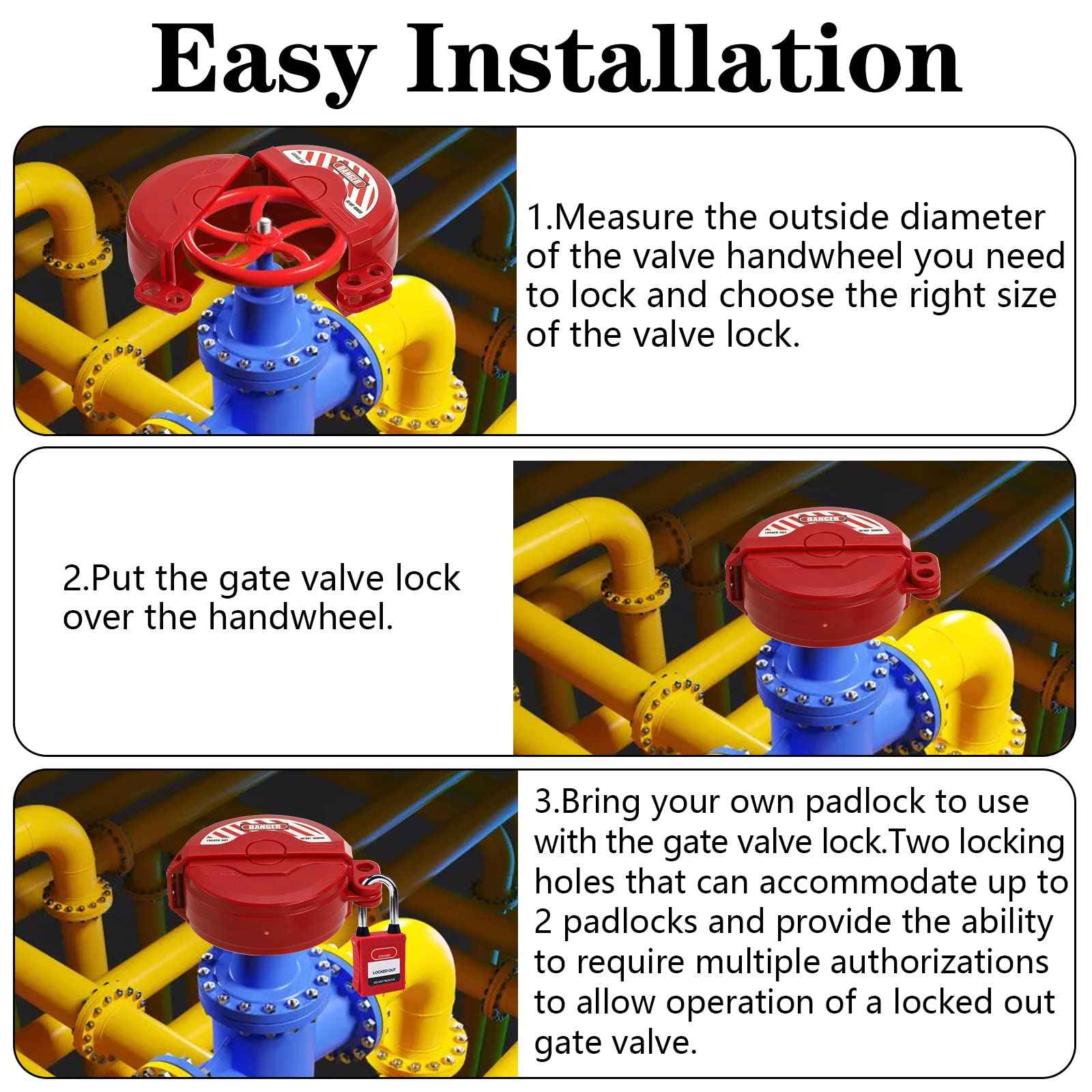 Foraineam 4 Pack Gate Valve Lockout Device, 2 Sizes Assorted for 1-2.5 Inch and 2.5-5 Inch Diameter Valve Handles, Outdoor Water Faucet Knob Lock, Propane Tank Lock, Gas Valve Lock