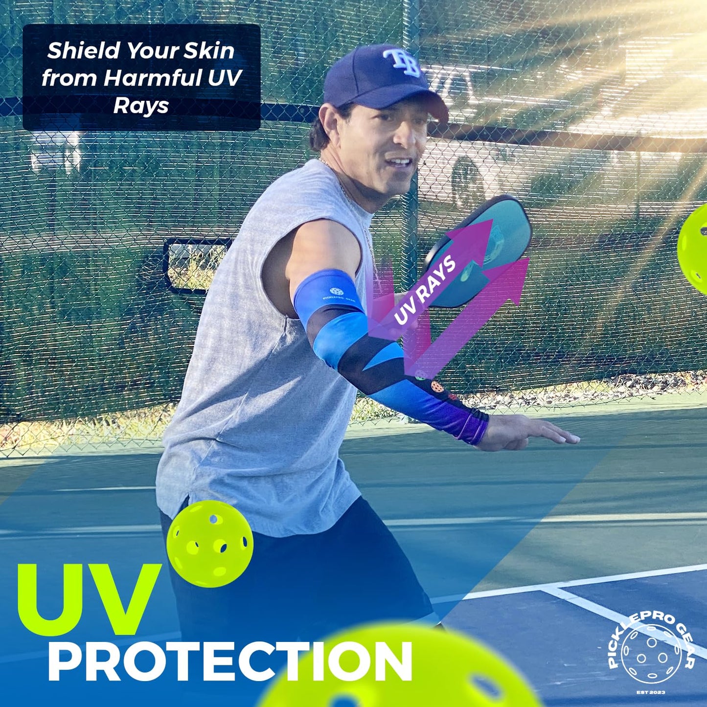 PickleProGear Pickleball Arm Sleeves M/L Size | Compression Fit, UV Protection | 5 Stylish Designs (Blue & Purple Arm Sleeves)