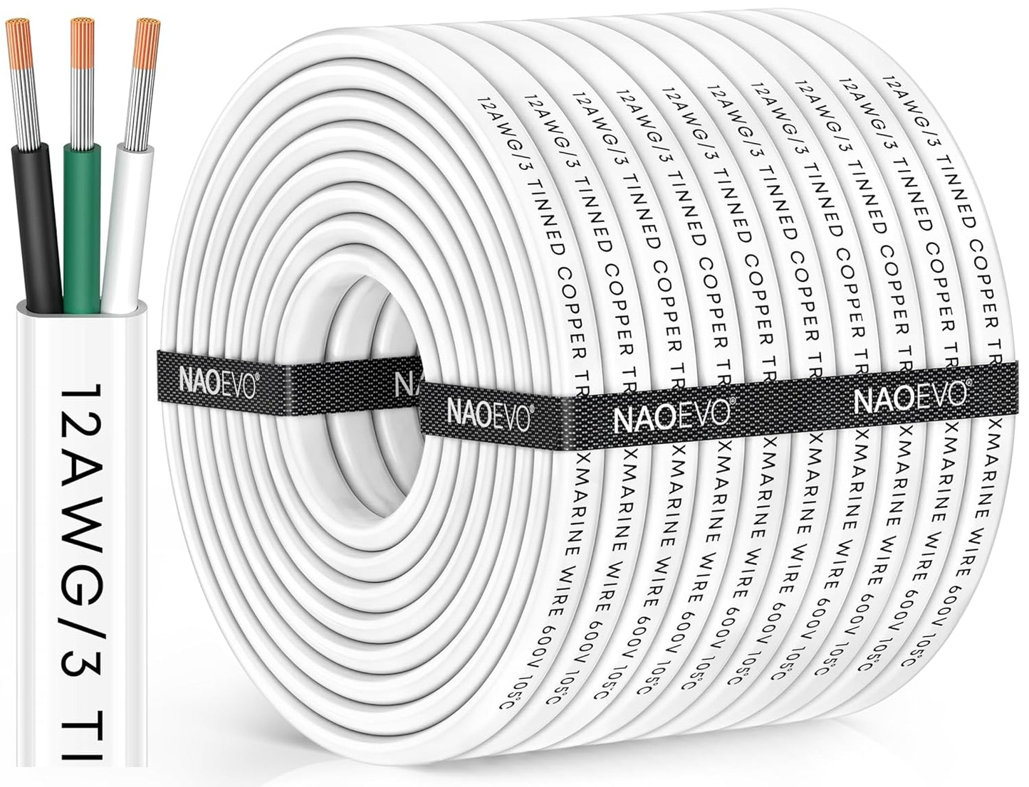 NAOEVO 12 Gauge Marine Wire - Waterproof 12/3 Triplex Electrical Cable | 100FT Oxygen-Free Tinned Copper for Boats, RVs, Solar & More