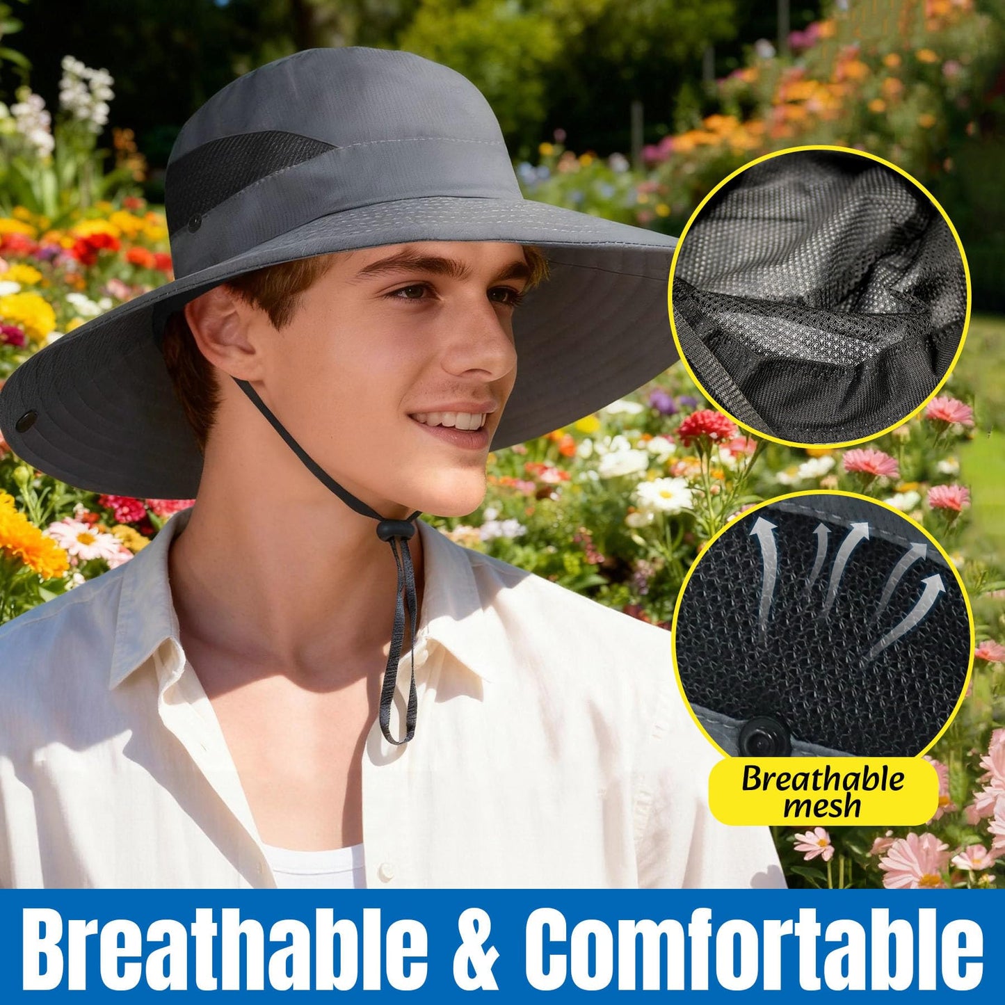 NPJY Sun Bucket Hats Wide Brim Fishing Hat UPF 50+ Beach Outdoor Hiking Hats Black