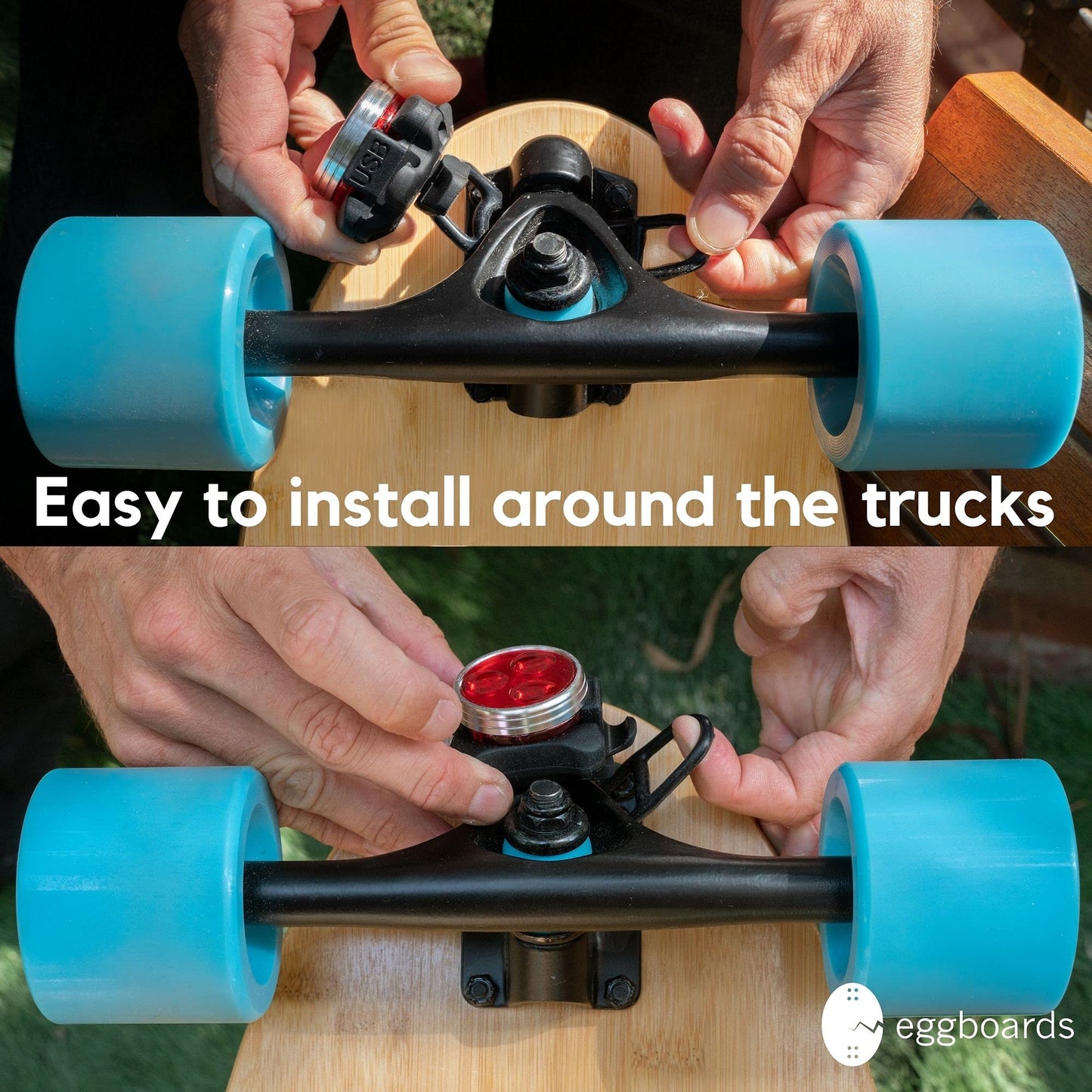 Eggboards Electric Skateboard Lights for Night Riding. LED Skateboard Light Kit. Longboard Lights USB Rechargeable. Skate Board Headlight Front and Back. Ideal Electric Skateboards Accessories