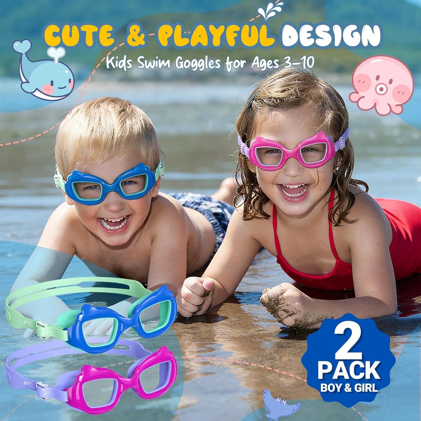 Skiennix Kids Swim Goggles - 2 Pack Anti-Fog UV Protection for Ages 3-10 | Easy Clip Design