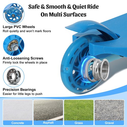 Kick Scooter for Kids 4-6 6-8, 2 Light Up Wheels, Heavy Duty Scooter with 3 Height Adjustable Handlebars, Rear Break, Widen Anti-Slip Deck, Max Load 110 Lbs for Boys Girls Age 4-8, 4.7Lbs Lightweight