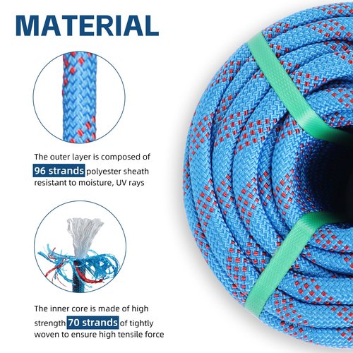 Arborist Rope- Climbing Tree Rope-1/2inch x100ft-Arborist Equipment Polyester Rope for Rock,Hiking, Camping,Swing,Tree,Rescue,Blue