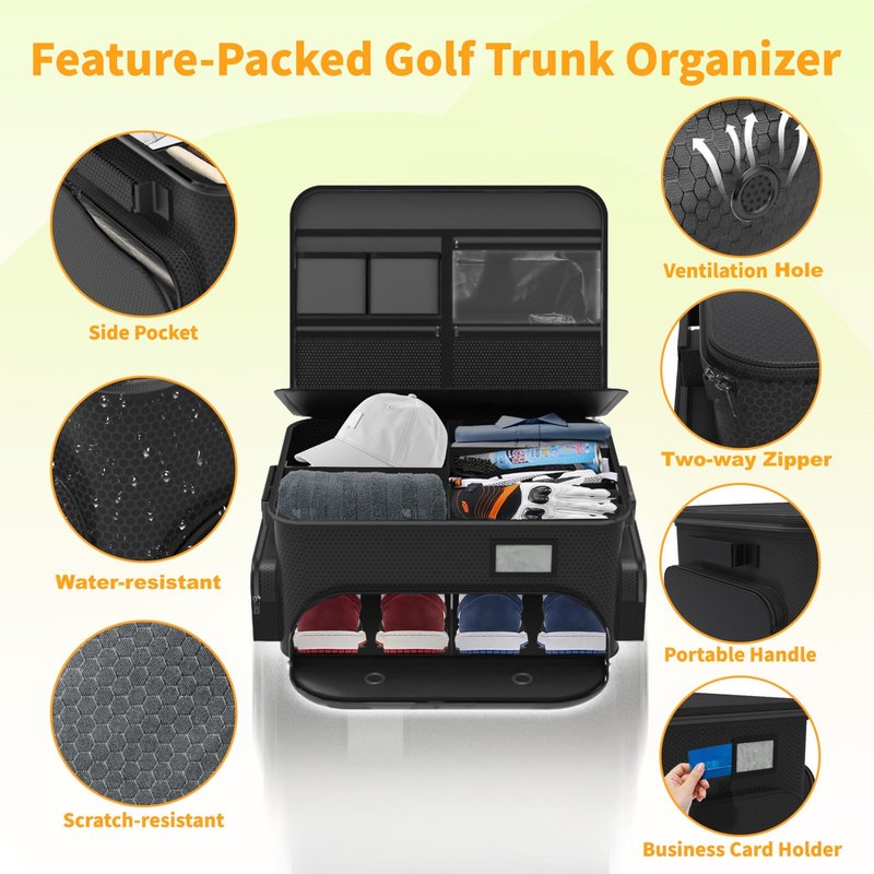 WALMANN Golf Trunk Organizer – Large 2-Layer Storage Bag with Ventilated Shoe Compartments for 2 Pairs (Up to Size 11), Waterproof Foldable Golf Gear Organizer