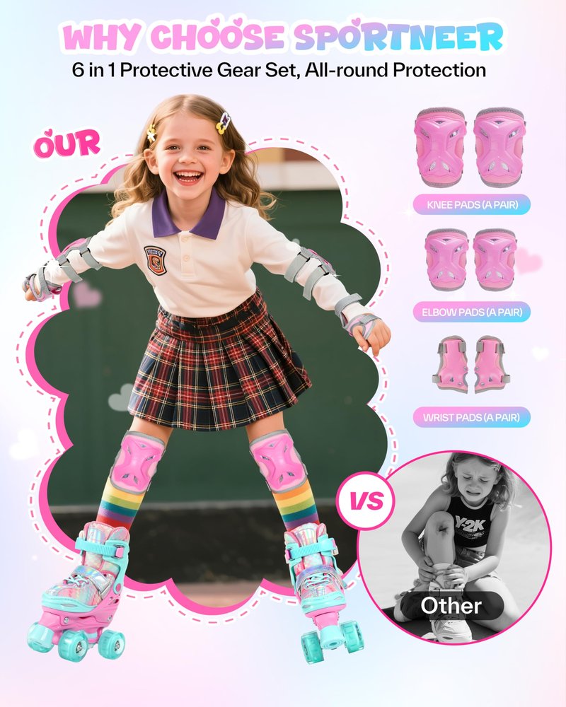Sportneer Kids Roller Skates: 4 Size Adjustable Quad Skates with Light Up Wheels for 5-8 8-12 Girls Boys Toddlers Beginners, Birthday Gift Skates with Protective Gear Set for Outdoor Indoor