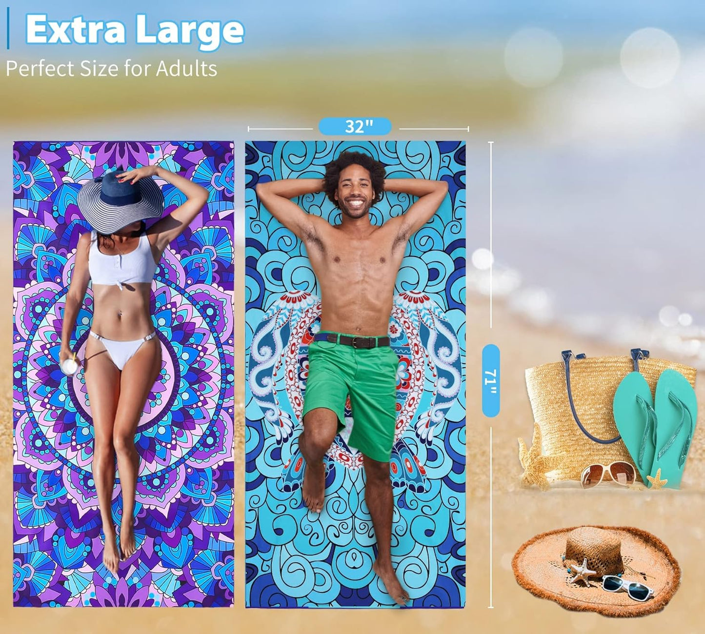 Skiennix Microfiber Beach Towels - Oversized, Lightweight, Sand-Free | 71"x32" for Travel & Yoga