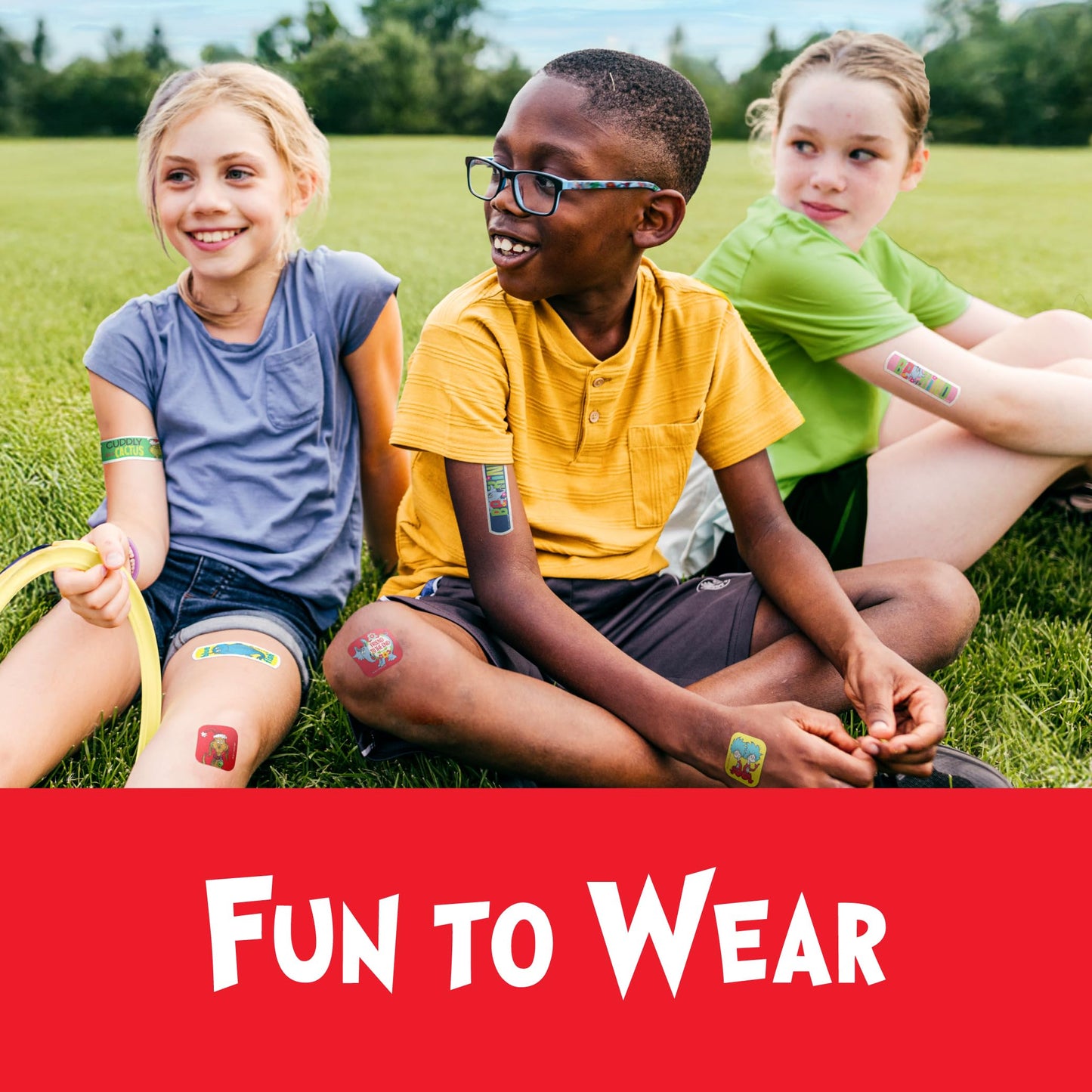 Dr. Seuss Bandages, 3 Assorted Sizes 100 CT | Flexible Adhesive Bandages for Minor Cuts, Scrapes, and Burns. Wear Like Stickers. Great Gift idea for Kids.