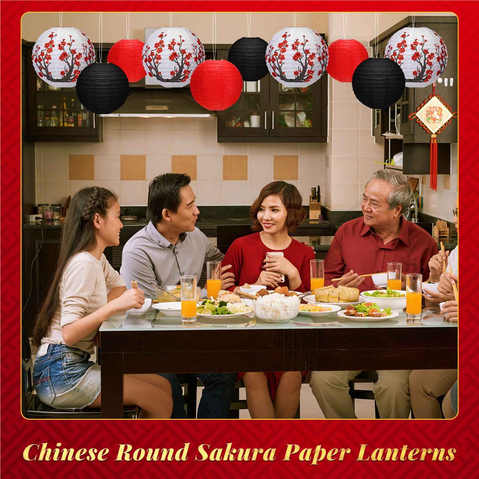 Mudder 20 Pieces Chinese Japanese Paper Lanterns Includes Cherry Flowers Paper Lanterns for Hibachi Birthday Party Asia Home Restaurant Wedding Decor(Red White and Black,Zen Style)