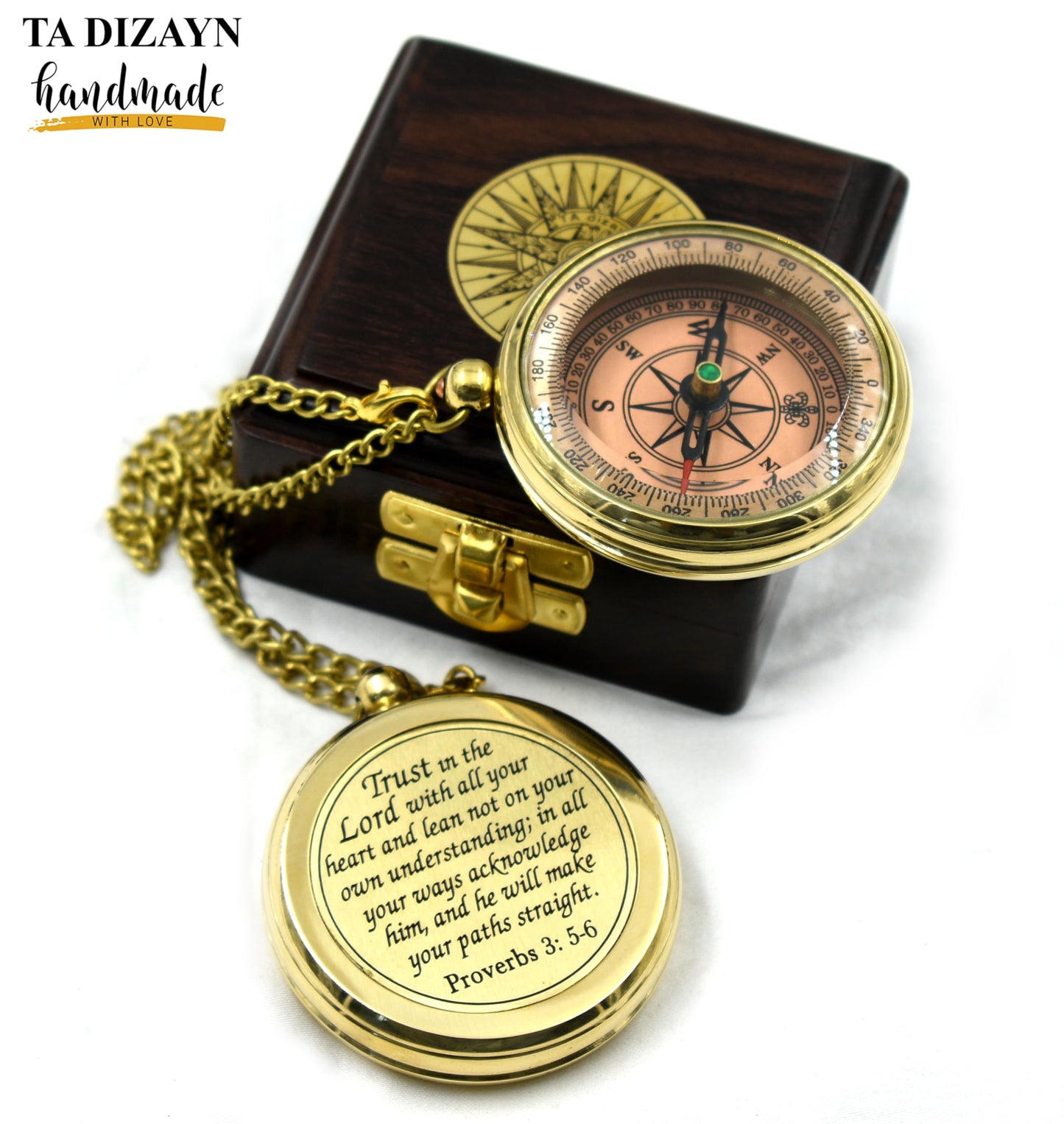 Trust in The Lord with All Your Heart -Proverbs 3: 5-6 Quote Engraved Compass with Wooden Box, Greeting Card, Compass Gift, Graduation Day Gifts 2026 for Women Mens Boy Girls
