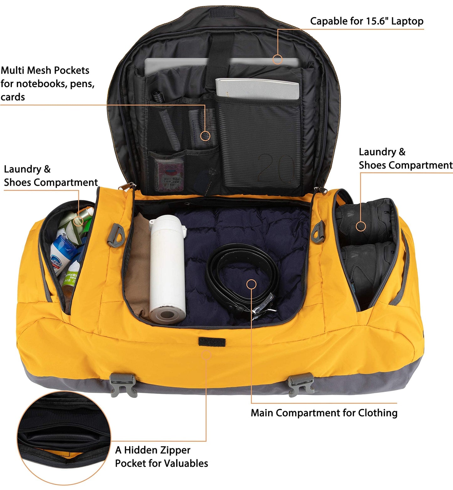Ubon Heavy Duty Duffle Bag Gym Sport Bags with Convertible Backpack Straps (Yellow,65L)