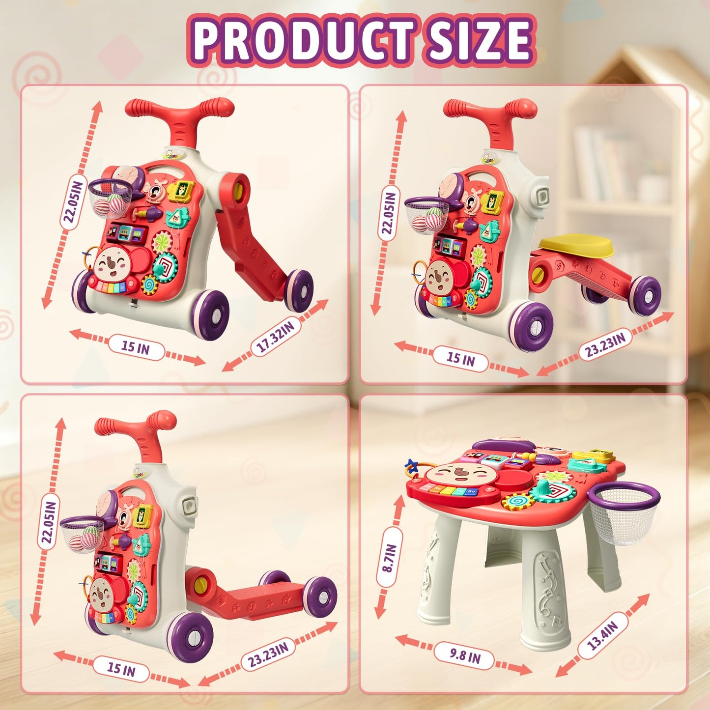 HYES Upgraded 5 in 1 Baby Walker and Activity Center for Baby Girl, Learning to Walk, Sit to Stand, Early Learning Push Toys for Infant 12 Months, Walking Toys Gift for Toddler Girls, Red