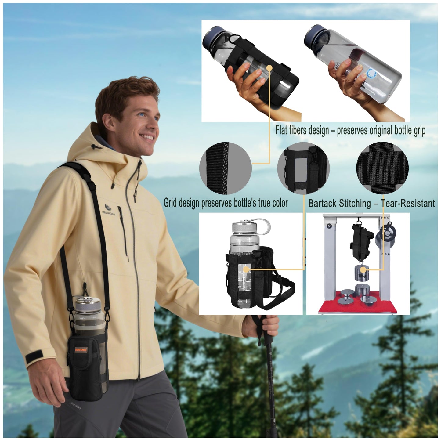 EVOTAUS Detachable Water Bottle Holder with Strap & Tactical Pouch, MOLLE Bottle Carrier Sling, Manual Strap Adjustment for Perfect Fit of Most 18-64 oz Bottles, Black