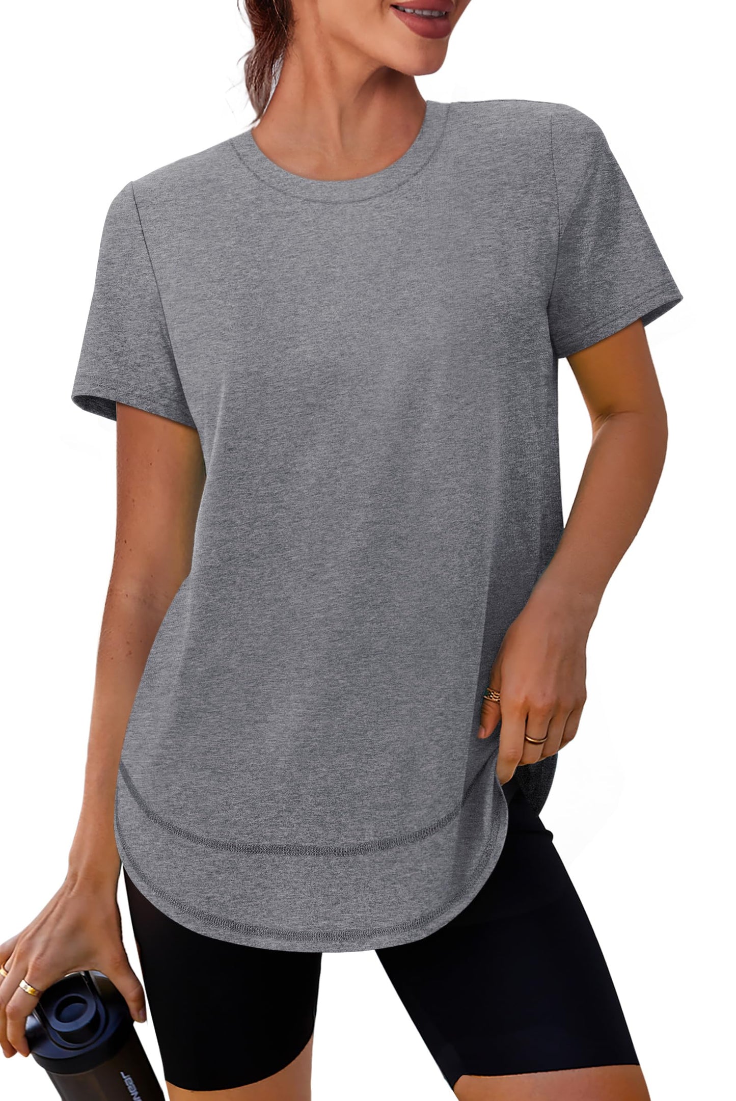 Short Sleeve Shirts for Women Workout Yoga Tops Sun Protection Clothing Summer Outfits Rash Guard Side Slit Grey XL