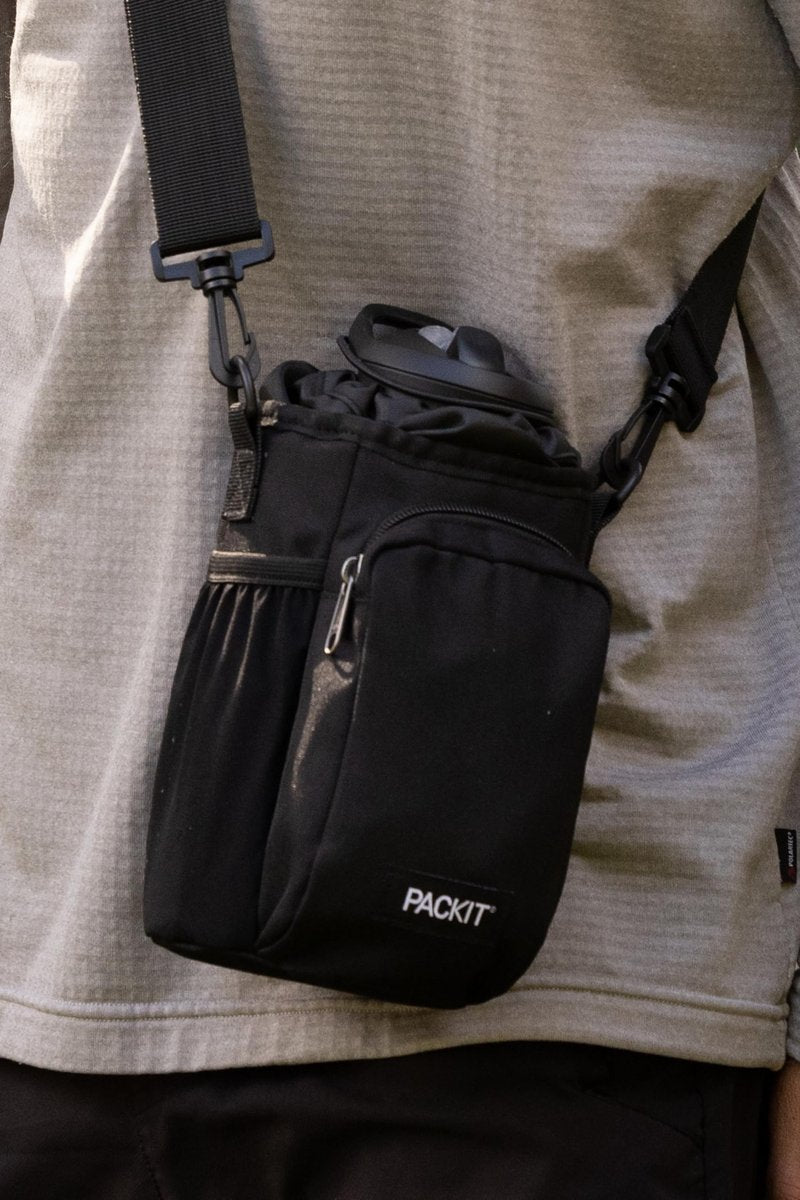 PackIt Freezable Hydration Crossbody Water Bottle Carrier with Strap, Fits 32,40 oz and 64 oz - Triple Function Design, Removable Freezable Insert, Adjustable Crossbody Strap, Front Zip Pocket - Black