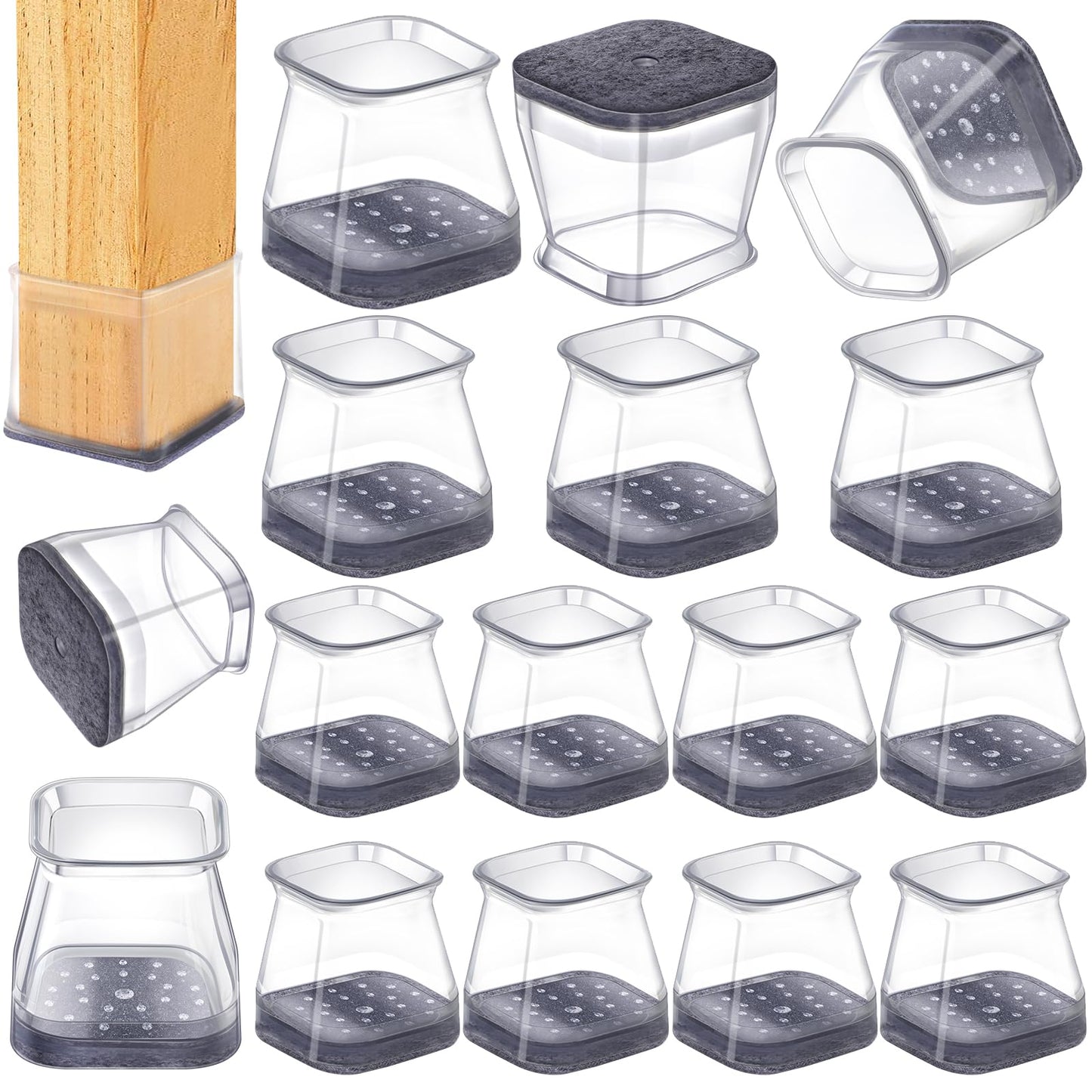 16 Pcs Chair Leg Floor Protectors Square for Hardwood Floors - Silicone Felt Furniture Pads - Chair Leg Caps - Clear Rubber Chair Sliders - L(Fit:1"-1.5")