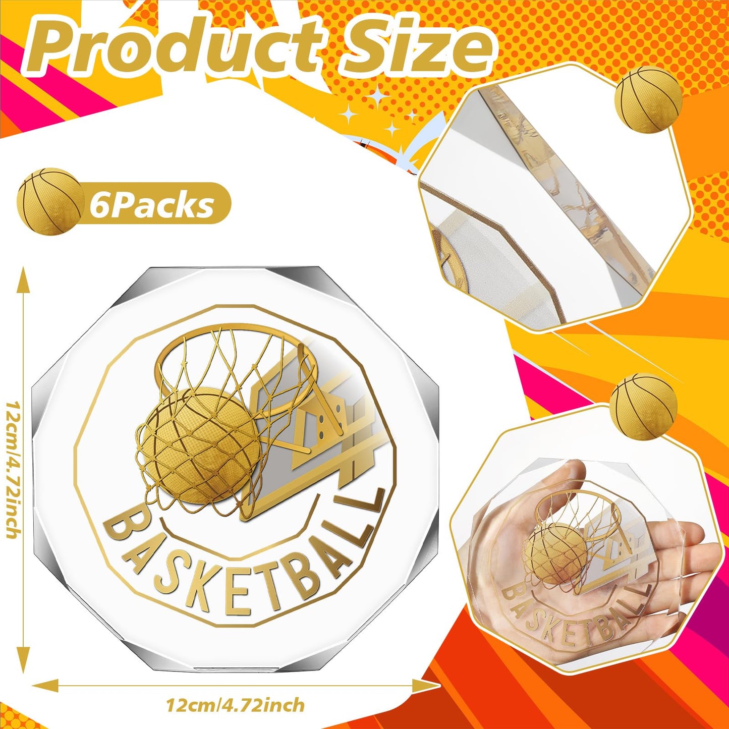 Anglechic 6 Pack Basketball Trophy Acrylic Gold Basketball Award Medals 4.72 x 4.72 Inch Sports Contest Trophies Bulk Plaques Team Prize Gift Trophies for Team Competition