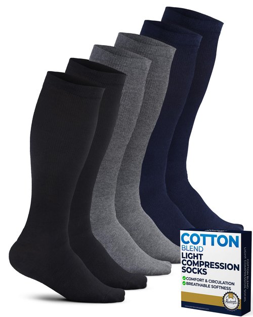 Pembrook Light Cotton Compression Socks for Men - 3 Pairs | Over the Calf Length Support | 8-15 mmHg Compression Socks for Men 9-12, 5-9 | Black, Gray, Navy/Nvy